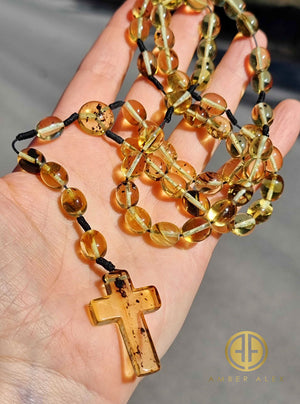 Fossil Amber Olive Beads Catholic Rosary With Cross Pendant