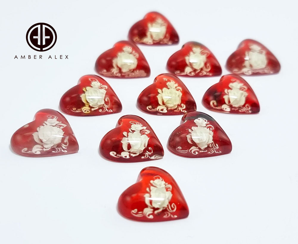 Red Amber Engraved Roses Heart Shape Cabochons