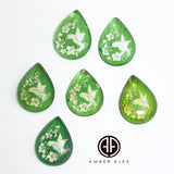 Green Amber Engraved Colibri Drop Shape Cabochons