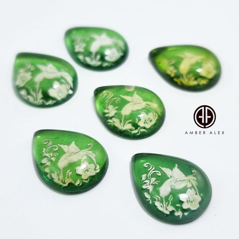 Green Amber Engraved Colibri Drop Shape Cabochons