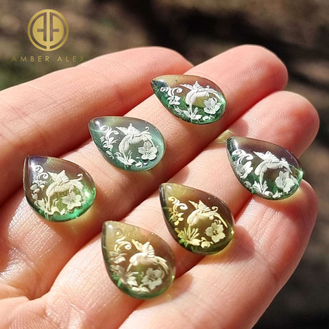 Green Amber Engraved Colibri Drop Shape Cabochons