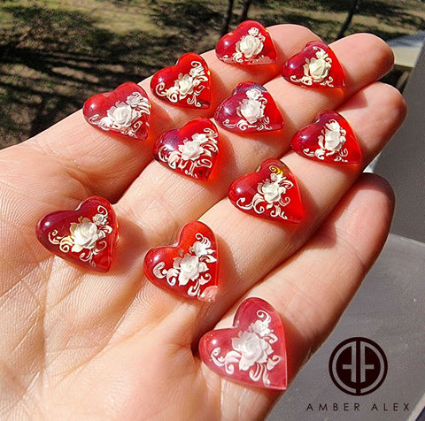 Red Amber Engraved Roses Heart Shape Cabochons