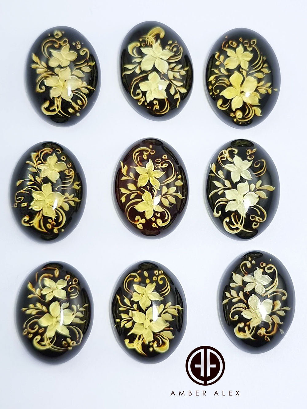 Cherry Amber Engraved Flowers Oval Shape Cabochon