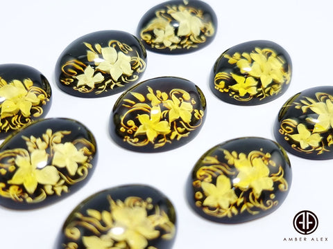 Cherry Amber Engraved Flowers Oval Shape Cabochon