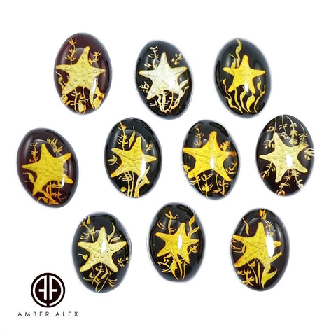 Cherry Amber Engraved Starfish Oval Shape Cabochon