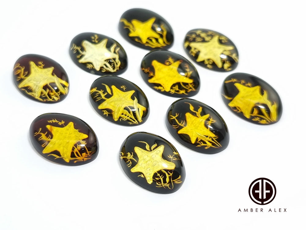 Cherry Amber Engraved Starfish Oval Shape Cabochon