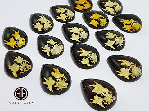 Cherry Amber Engraved Hummingbird Drop Shape Cabochon