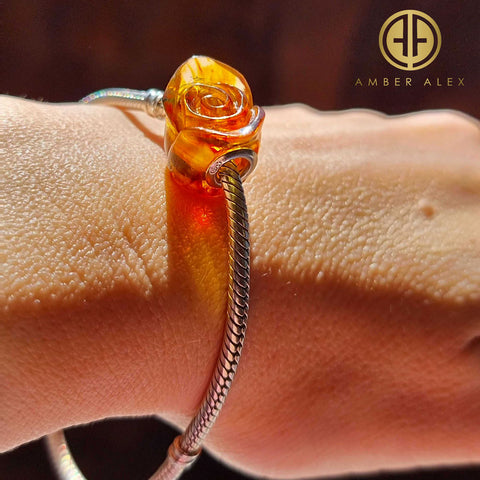 Cognac Amber Carved Rose Charm Bead