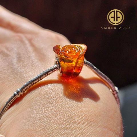 Cognac Amber Carved Rose Charm Bead