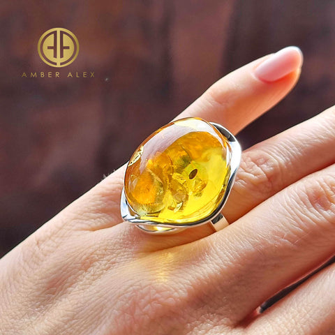 Lemon Amber Free Shape Adjustable Ring Sterling Silver