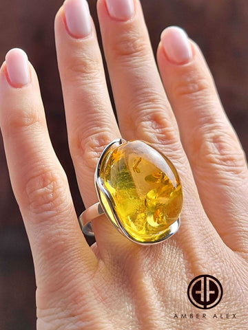 Lemon Amber Free Shape Adjustable Ring Sterling Silver