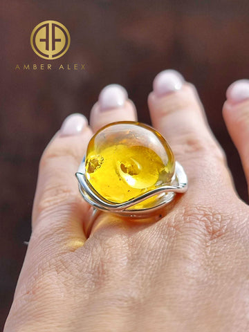 Lemon Amber Free Shape Adjustable Ring Sterling Silver