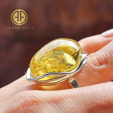 Lemon Amber Free Shape Adjustable Ring Sterling Silver