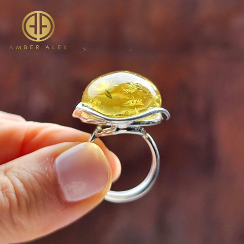 Lemon Amber Free Shape Adjustable Ring Sterling Silver