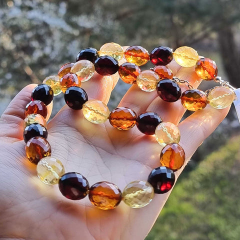 Multi - Color Amber Faceted Olive Beads Necklace