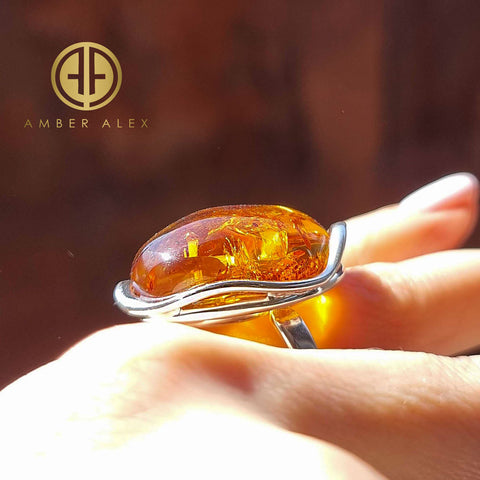 Cognac Amber Free Shape Adjustable Ring Sterling Silver