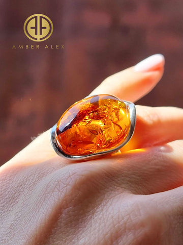 Cognac Amber Free Shape Adjustable Ring Sterling Silver