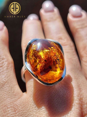 Cognac Amber Free Shape Adjustable Ring Sterling Silver