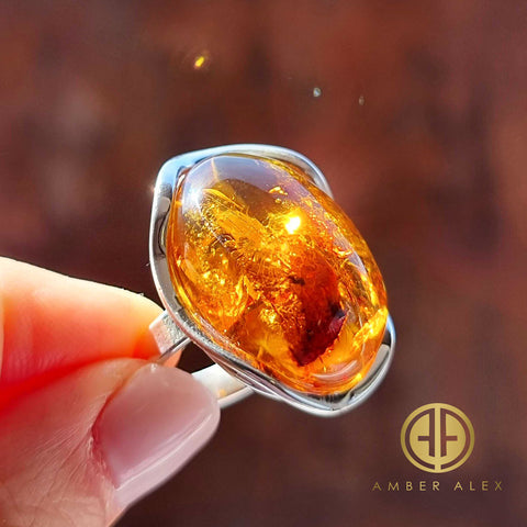 Cognac Amber Free Shape Adjustable Ring Sterling Silver