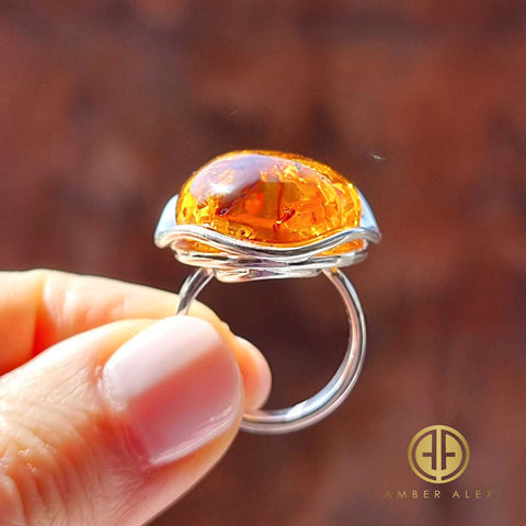 Cognac Amber Free Shape Adjustable Ring Sterling Silver