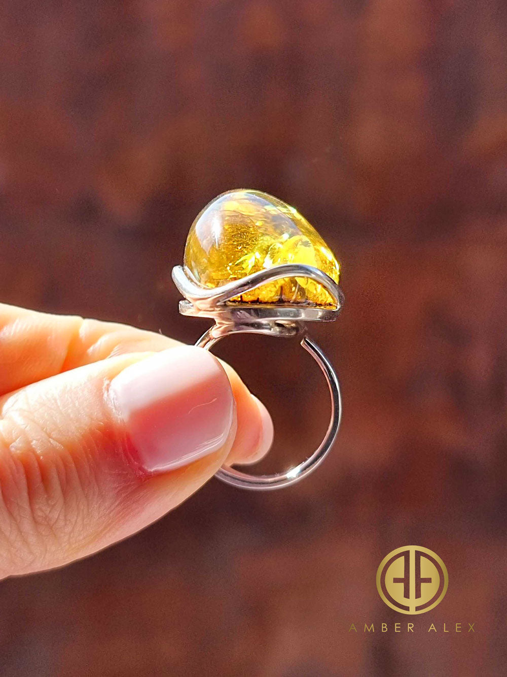Earth Stone Amber Free Shape Bead Adjustable Ring Sterling Silver