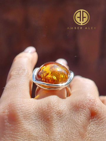 Cognac Amber Free Shape Adjustable Ring Sterling Silver