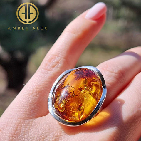 Cognac Amber Free Shape Adjustable Ring Sterling Silver