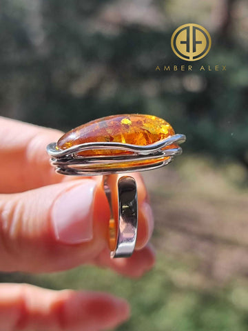 Cognac Amber Free Shape Adjustable Ring Sterling Silver