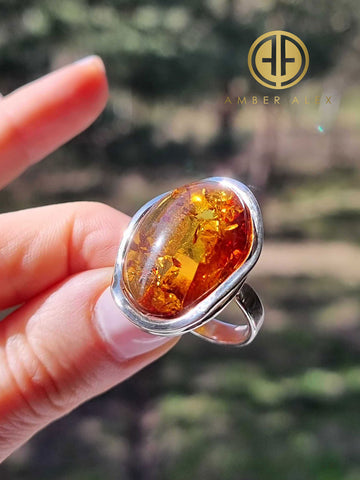 Cognac Amber Free Shape Adjustable Ring Sterling Silver