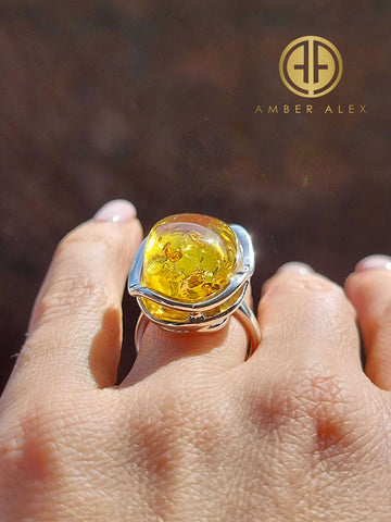 Lemon Amber Free Shape Adjustable Ring Sterling Silver