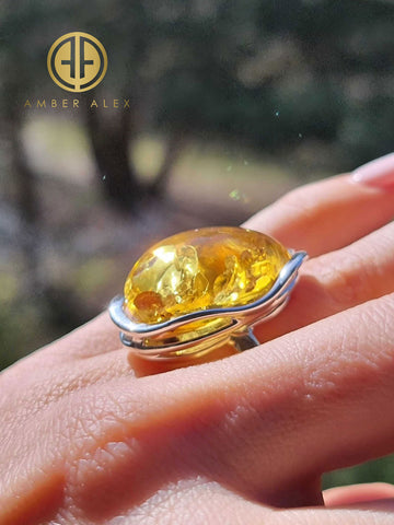 Lemon Amber Free Shape Adjustable Ring Sterling Silver