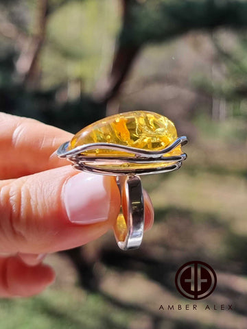 Lemon Amber Free Shape Adjustable Ring Sterling Silver