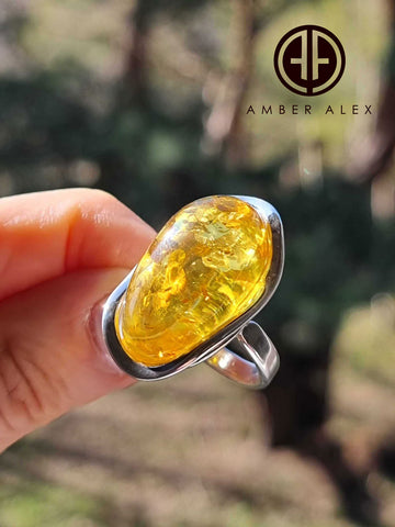 Lemon Amber Free Shape Adjustable Ring Sterling Silver