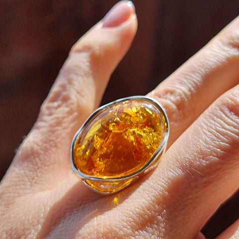 Cognac Amber Free Shape Adjustable Ring Sterling Silver