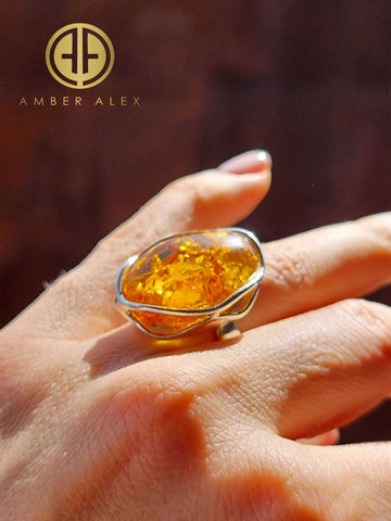 Cognac Amber Free Shape Adjustable Ring Sterling Silver