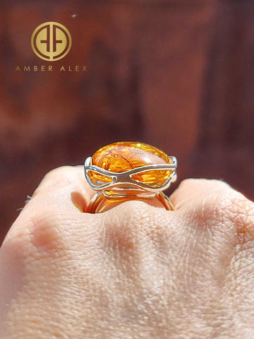 Cognac Amber Free Shape Adjustable Ring Sterling Silver