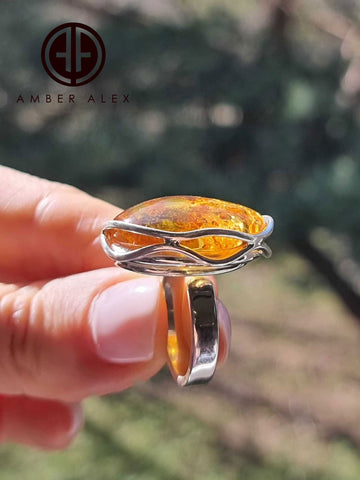 Cognac Amber Free Shape Adjustable Ring Sterling Silver