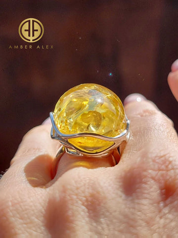 Lemon Amber Free Shape Adjustable Ring Sterling Silver