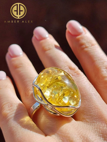 Lemon Amber Free Shape Adjustable Ring Sterling Silver