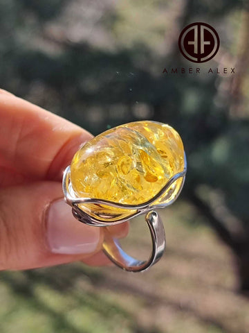 Lemon Amber Free Shape Adjustable Ring Sterling Silver