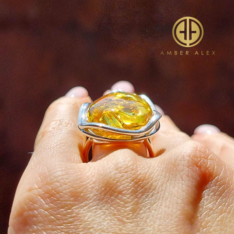 Lemon Amber Free Shape Adjustable Ring Sterling Silver