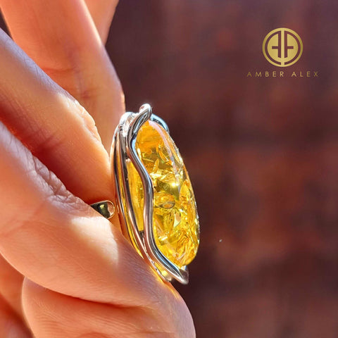 Lemon Amber Free Shape Adjustable Ring Sterling Silver