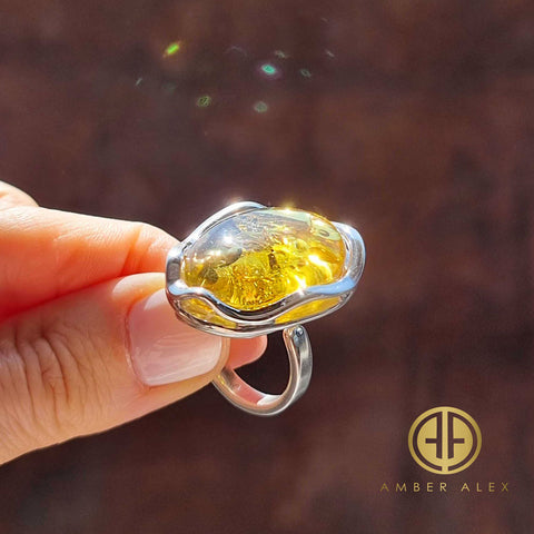 Lemon Amber Free Shape Adjustable Ring Sterling Silver