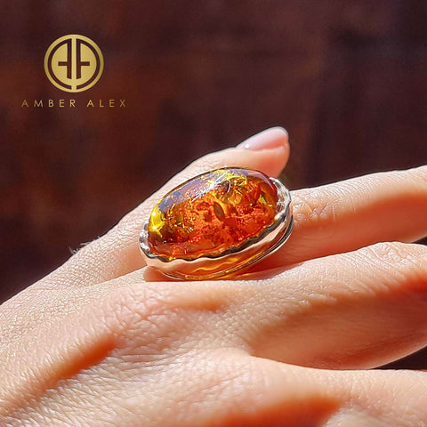 Cognac Amber Free Shape Adjustable Ring Sterling Silver