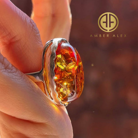 Cognac Amber Free Shape Adjustable Ring Sterling Silver