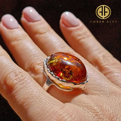 Cognac Amber Free Shape Adjustable Ring Sterling Silver