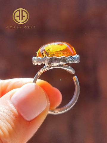 Cognac Amber Free Shape Adjustable Ring Sterling Silver