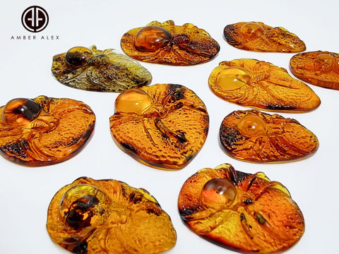 Cognac Amber Carved Spider Cabochons