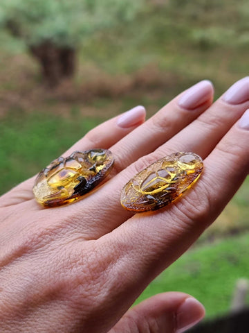 Cognac Amber Carved Scarab Cabochons