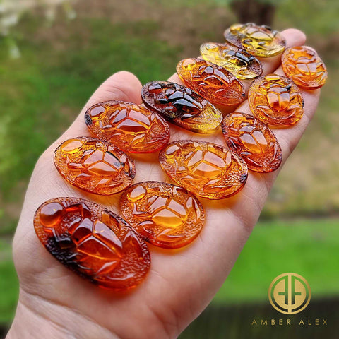 Cognac Amber Carved Scarab Cabochons